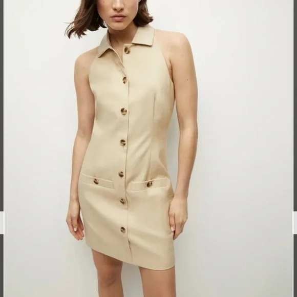 Veronica Beard Roxanne Linen Blend Button-Up Minidress in Stone Khaki Size 14